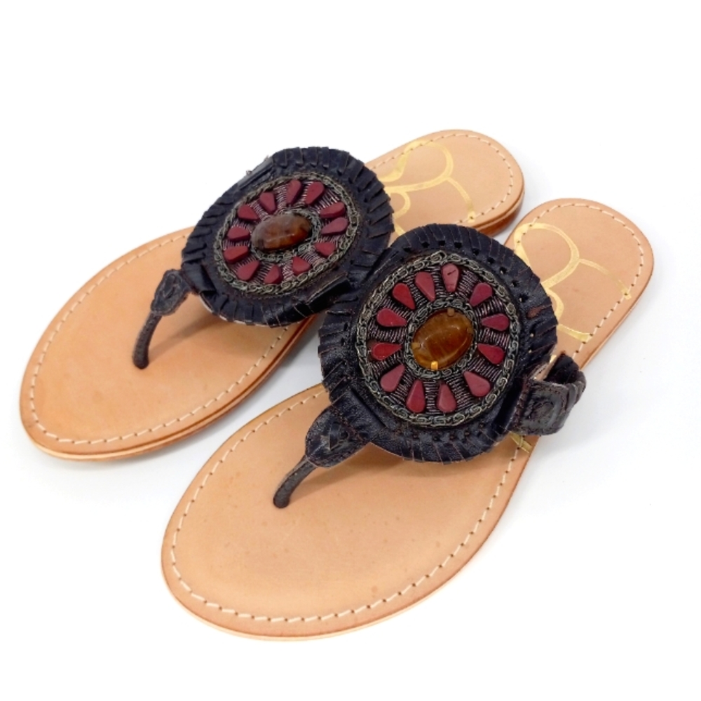 Sable Size 7 Boho Leather & Stone Mandala Flip Flop Sandals made in India